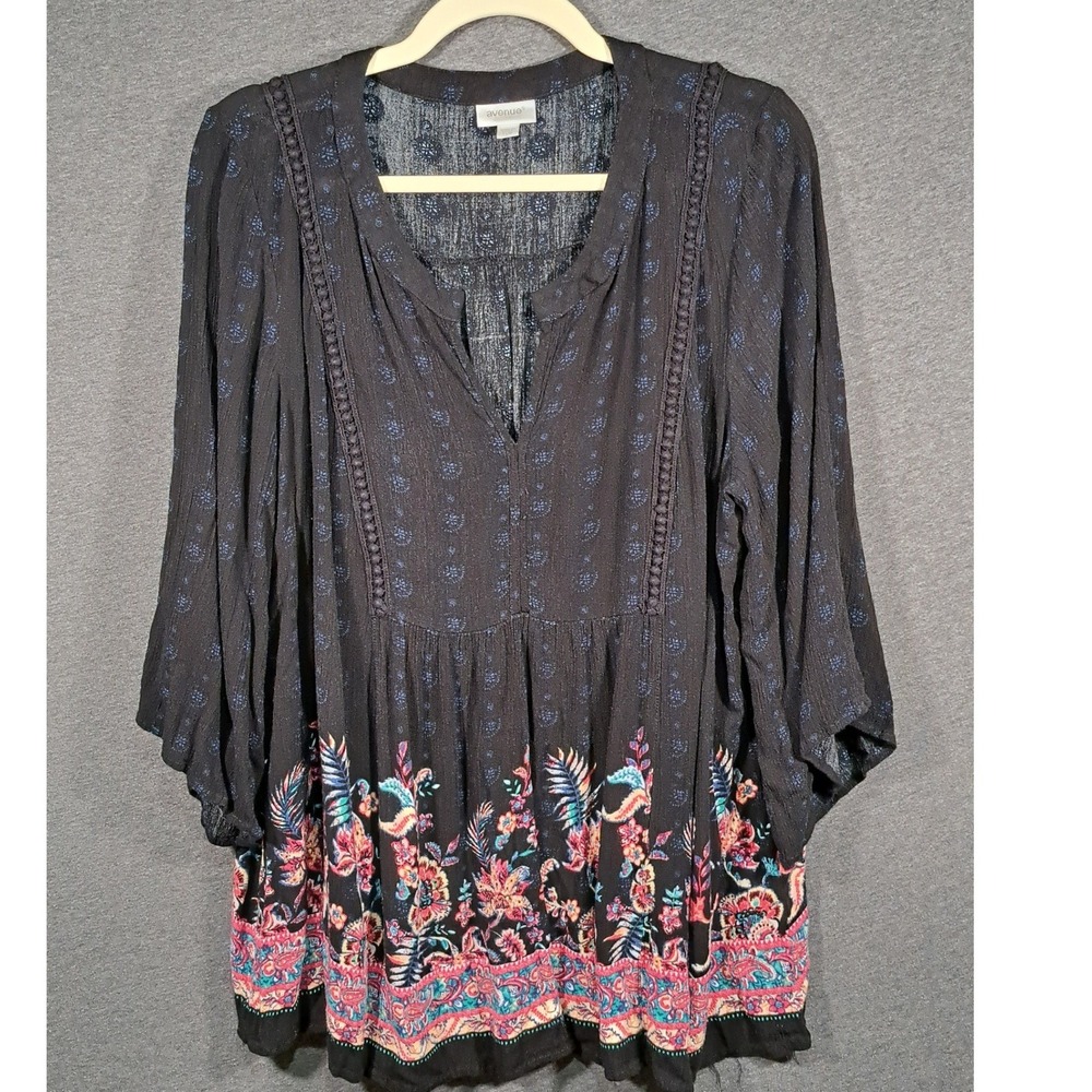 Avenue Womens Black Floral Boho Tunic Top Crochet Trim 3/4 Sleeve Size 14/16